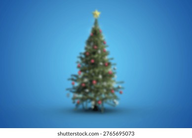 Evergreen tree is standing in flat design with blue backdrop, red ornaments lights glowing star. Festive, holiday, celebration, decoration, seasonal, minimalist, vibrant