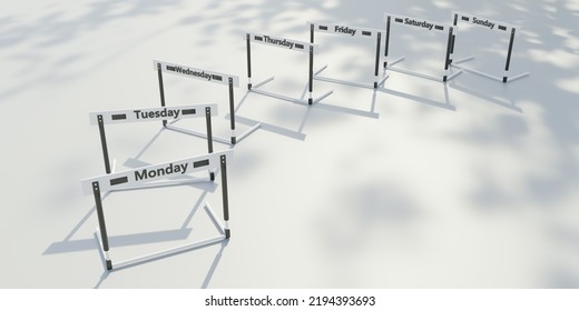 Everyday Hurdling. Week Days Names On Sport Hurdles View From Above. 3d Render