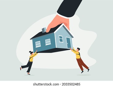 Eviction And Mortgage Debt, Foreclosure Or Difficulty To Payback Bank Mortgage Loan Concept, Bankruptcy Man And Family Fighting To Hold Back Their House With Big Legal Hand Evict It By Law. Property