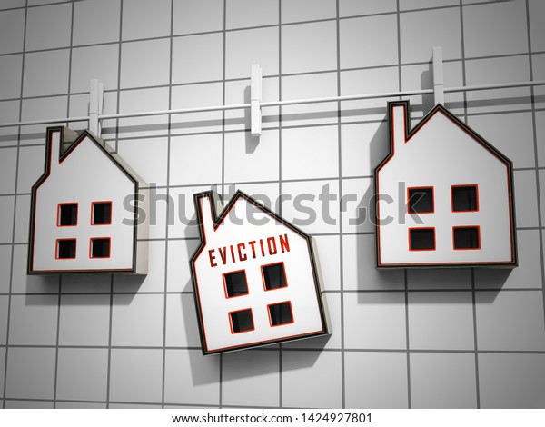 Eviction Notice Icon Illustrates Losing\
House Due To Bankruptcy, Debt, Nonpayment Or Landlord Enforcement -\
3d Illustration