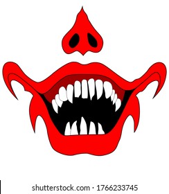 Evil Clown Face With Red Lips And Nose / Creepy Clown Or Horrorclown, Clown Horror Smiley Face. Clown Mouth, Joker Smile For Halloween. Illustration