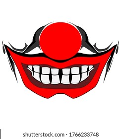 Evil Clown Face With Red Lips And Nose / Creepy Clown Or Horrorclown, Clown Horror Smiley Face. Clown Mouth, Joker Smile For Halloween. Illustration