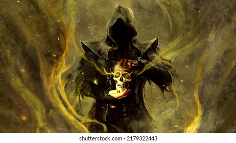 An evil dark magician in a hood holds a ritual skull in his hands, whose eyes are burning. he is surrounded by magical energy, and sparks and poisonous fog are flying in the air. 2d art