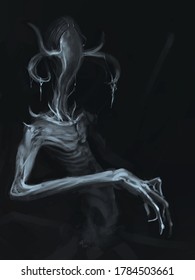Evil Demon Creature With Thin Arms Stalking In The Dark - Digital Fantasy Painting