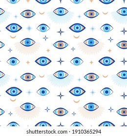 Evil Eye Seamless Pattern. Magic Talisman And Occult Symbol. Greek Ethnic Blue, White And Golden Third Eyes. Flat  Abstract Wallpaper. Talisman Eye Amulet Seamless Wallpaper Illustration