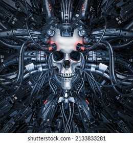 Evil In The Machine - 3D Illustration Of Science Fiction Cyberpunk Human Skull Connected To Computer Core