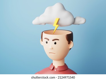 Evil Man. Clouds And Lightning Above The Head Is A Symbol Of Anger. 3d Render.