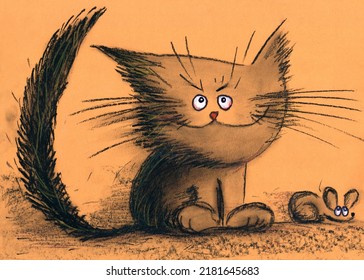 Evil and proud cat cached mouse funny illustration