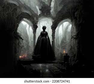 Evil Queen In Black Dress Standing In Creepy Dungeon Interior