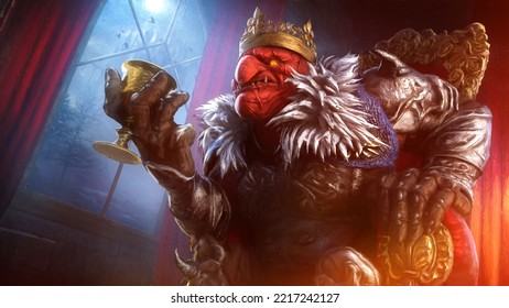 The evil red goblin king in fine black armor with a woolen collar drinks wine from a golden glass, he is an experienced warrior in scars with a sullen face sitting on a red gilded chair. 3d rendering