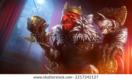 The evil red goblin king in fine black armor with a woolen collar drinks wine from a golden glass, he is an experienced warrior in scars with a sullen face sitting on a red gilded chair. 3d rendering Stock photo © 