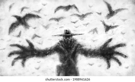 Evil sorcerer in large hat with his arms outstretched. Flock of flying crows on background. Dark visions of hell. Scary 2d illustration. Nightmares for creepy Halloween. Gloomy character concept art.