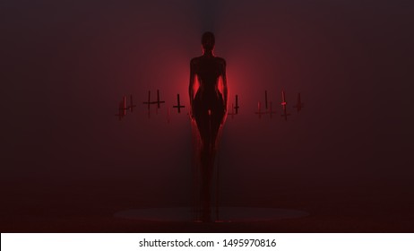 Evil Spirit Ghost Demon Floating Evil Blood Queen Vampire Dripping in Blood with Upside Down Floating Crosses Abstract Demon in a Red Foggy Void front View 3d illustration 3d render  	