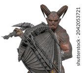 evil warrior is holding up an axe and shield portrait,3d illustration