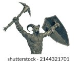 evil warrior is holding up an axe and shield with anger close up view, 3d illustration