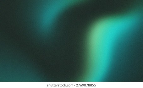 An evocative abstract background featuring deep emerald and teal tones flowing into dark shadows. The composition uses a soft mesh gradient combined with a heavy film grain texture, creating a moody, cinematic atmosphere reminiscent of the northern lights or deep-sea currents. Ideal for sophisticated digital art, web headers, and modern minimalist designs.