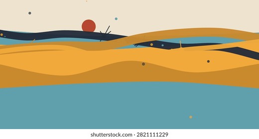 An evocative abstract desert landscape featuring rolling golden dunes and a striking red sun creating a warm and expansive atmosphere for creative projects.