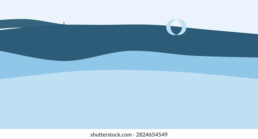 An evocative abstract graphic featuring deep blue waves and a minimalist moon symbol. The design captures a serene nocturnal atmosphere through simple shapes and a clean color palette.