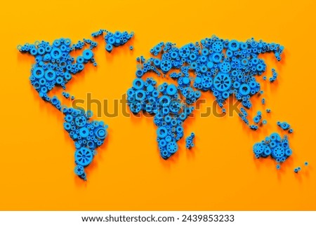 An evocative representation of global interconnectivity and mechanical innovation, this image features a world map composed of blue gears and cogs against a striking orange background.