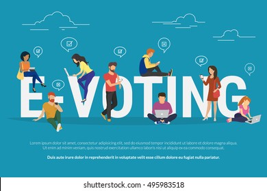 E-voting concept illustration of young people using mobile gadgets such as laptop, tablet and smartphone for online voting via electronic internet system. Flat guys and women near letters evoting - Powered by Shutterstock