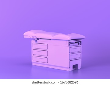 Exam Table Flat, Medical Equipment In Flat Monochrome Purple Room, 3d Rendering, Isolated Hospital Objects