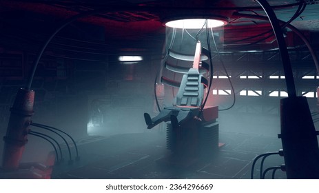 Examination chair in a sinister alien space ship. Alien abduction concept 3D illustration.