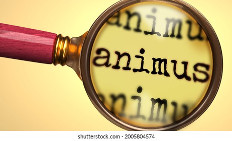 Examine and study animus, showed as a magnify glass and word animus to symbolize process of analyzing, exploring, learning and taking a closer look at animus, 3d illustration