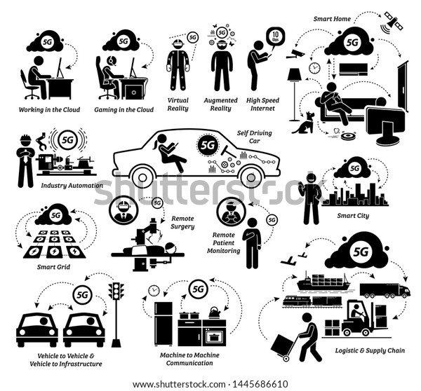 Examples of 5G usages with Internet of Things and\
list of possible applications. Illustrations artwork depicts how\
information technology can evolve with 5G technology in a\
futuristic\
world.