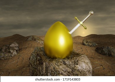 Excalibur In A Golden Egg On Stone At Sunset Day. Biggest Retirement Decisions Or Find A Retirement Planner Or Planning Your Income Or Emergency Savings Or Build Your Nest Egg Concept. 3D Render