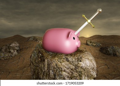 Excalibur In A Pink Ceramic Piggy On Stone At Sunset Day. Create An Automatic Savings Plan Or Saving Money Secret Or Budgeting Or Where Your Money Is Going Concept. 3D Illustration