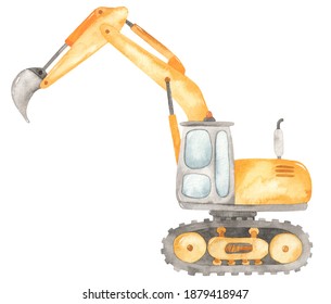 Excavator In Cartoon Style. Watercolor Construction Machines