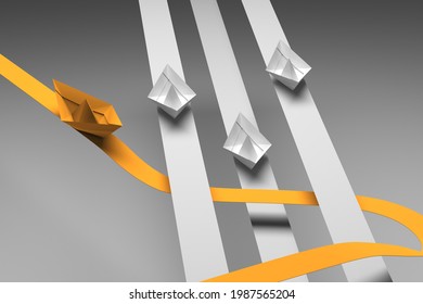 Exception. Thinking Different Business Concept Step Out Of Your Comfort Zone - Paper Boat Change Direction - Competitor In Business Management Not Like Other. Original Solution - 3d Render