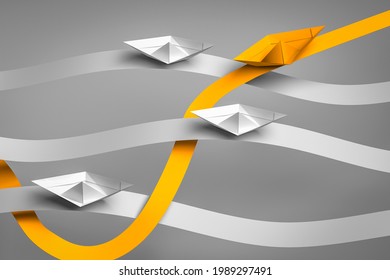 Exception Thinking Different Business Concept Step Out Of Your Comfort Zone - Paper Boat Change Direction - Opportunity For Change In Business Management Not Like Other. Original Solution - 3d Render