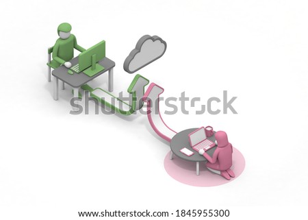 Exchange data by remote work. Send data to the cloud server. Freelance work style. 3D rendering