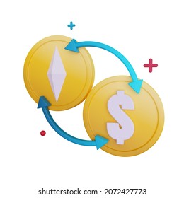 Exchange Gold Coin. Exchange Of Ethereum Coins For US Dollars. 3d Concept Illustration