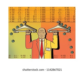 Exchange Leverage. Leverage Ratio. Clothes Hanger Stock Exchange. A Man In A Business Suit Is Holding A Clothes Hanger With Coins Rolling Off A Coin.
