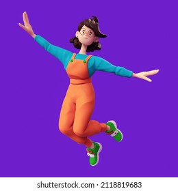 Excited cute сasual asian active brunette girl in orange overalls, turquoise t-shirt, green sneakers jumping in the air imitate the flight of an airplane with her hands. 3d render on purple backdrop.