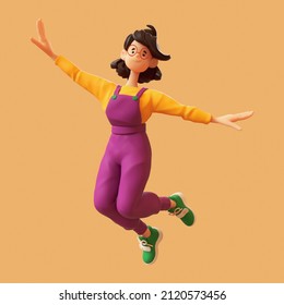 Excited cute сasual asian active brunette girl in purple overalls, yellow t-shirt, green sneakers jumping in the air imitate the flight of an airplane with her hands. Good mood, dance party. 3d render - Powered by Shutterstock