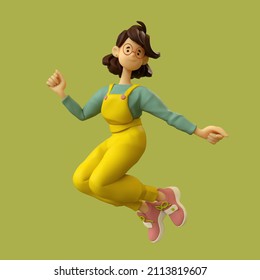 Excited funny smiling cute сasual asian active brunette girl in glasses wearing yellow overalls, blue t-shirt, red sneakers jumping in the air on a green backdrop. 3d render in minimal style, stylized