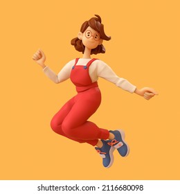 Excited funny smiling cute сasual asian active brunette girl in glasses wearing red overalls, white t-shirt, blue sneakers jumping in the air on a orange backdrop. 3d render in minimal style, stylized