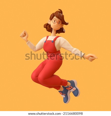Excited funny smiling cute сasual asian active brunette girl in glasses wearing red overalls, white t-shirt, blue sneakers jumping in the air on a orange backdrop. 3d render in minimal style, stylized