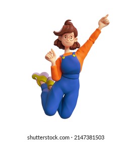 Excited smiling сasual asian active brunette girl in glasses wearing blue overalls, orange t-shirt, green sneakers jumping pointing her finger to empty copy space. 3d render isolated on white backdrop - Powered by Shutterstock