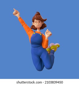 Excited smiling cute сasual asian active brunette girl in glasses wearing blue apron orange t-shirt, green sneakers jumping pointing her finger to empty copy space. 3d render in minimal style stylized