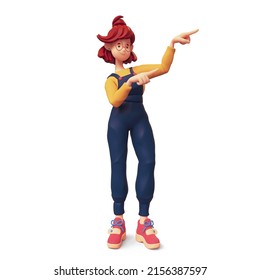 Excited smiling positive funny casual redhead girl in glasses wears blue overalls, yellow t-shirt, red sneakers pointing her finger showing you way. Minimal style. 3d render isolated on white backdrop