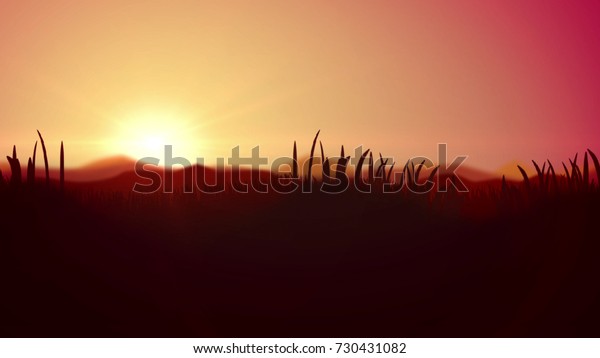 Exciting\
3d illustration of a splendid sunset in yallow and brown\
impressionist colors. The horizon line divides light yellow and\
pink sky and dark brown reed, cane and\
bulrush.