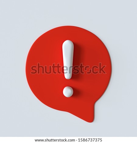 Exclamation icon with 3d effect, red and white  speech bubble sign, warning attention mark isolated on white. 3d illustration