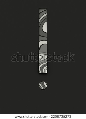 Exclamation mark with abstract texture in grayscale, cut from black background and rotated diagonally, 3d rendering