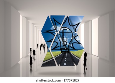 Exclamation mark in light bulb on abstract screen against tiny figures in huge hall