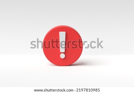 exclamation mark on red circle isolated on white background. Error alert, exclamation mark concept. 3D rendering, 3D illustration.