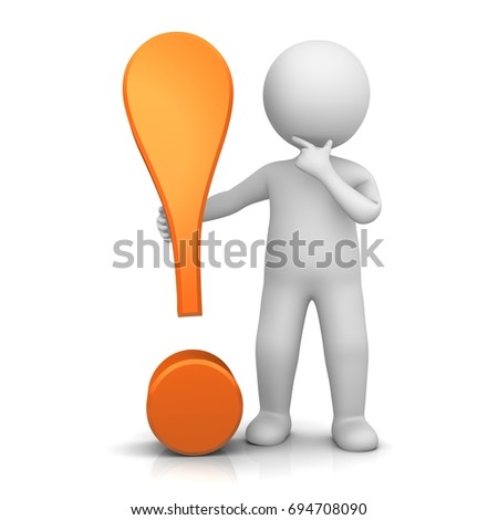 exclamation mark orange 3d rendering illustration exclamation point punctuation sign with standing thinking stick man solves problem isolated on white background in high resolution